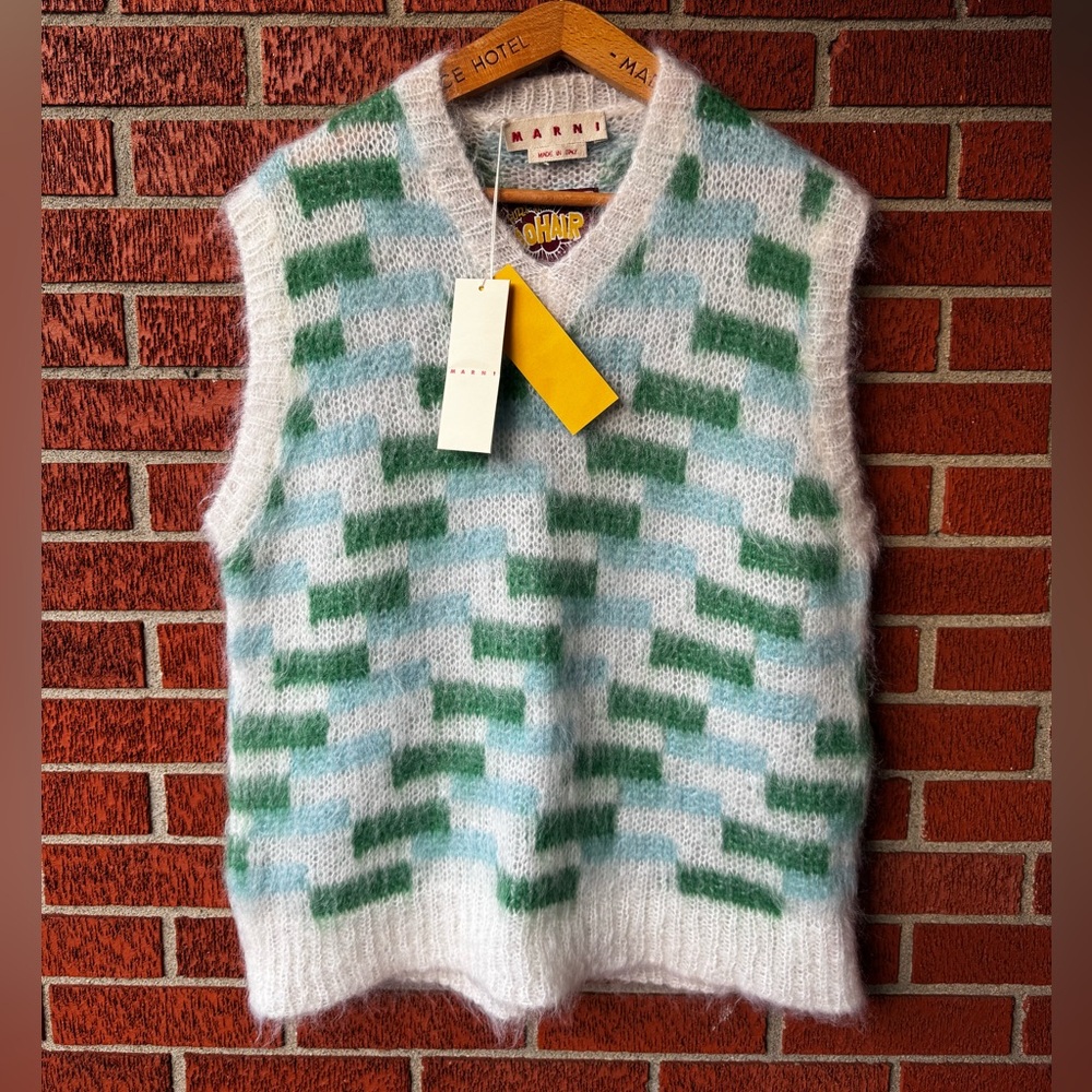 MARNI yarn wool V-Neck men vest stone white green SZ 40 NWT